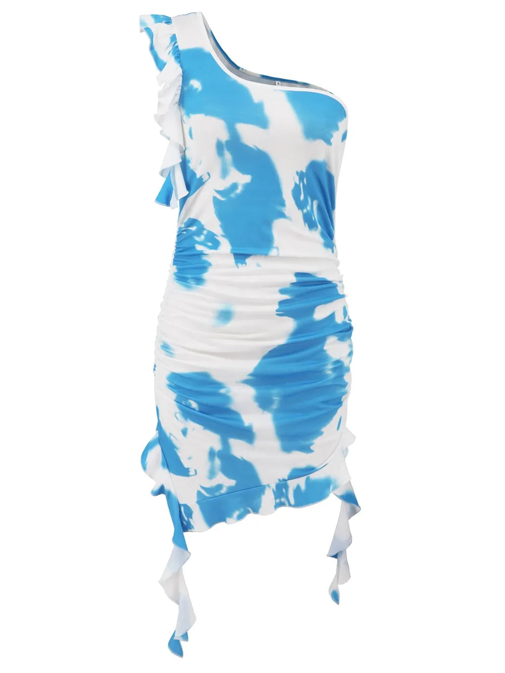 Ruffled Tie-Dye Single-Shoulder Mini Dress
