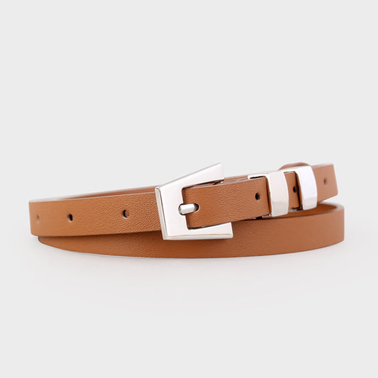 Ilussa Skinny Leather Belt with Silver Buckle — Caramel