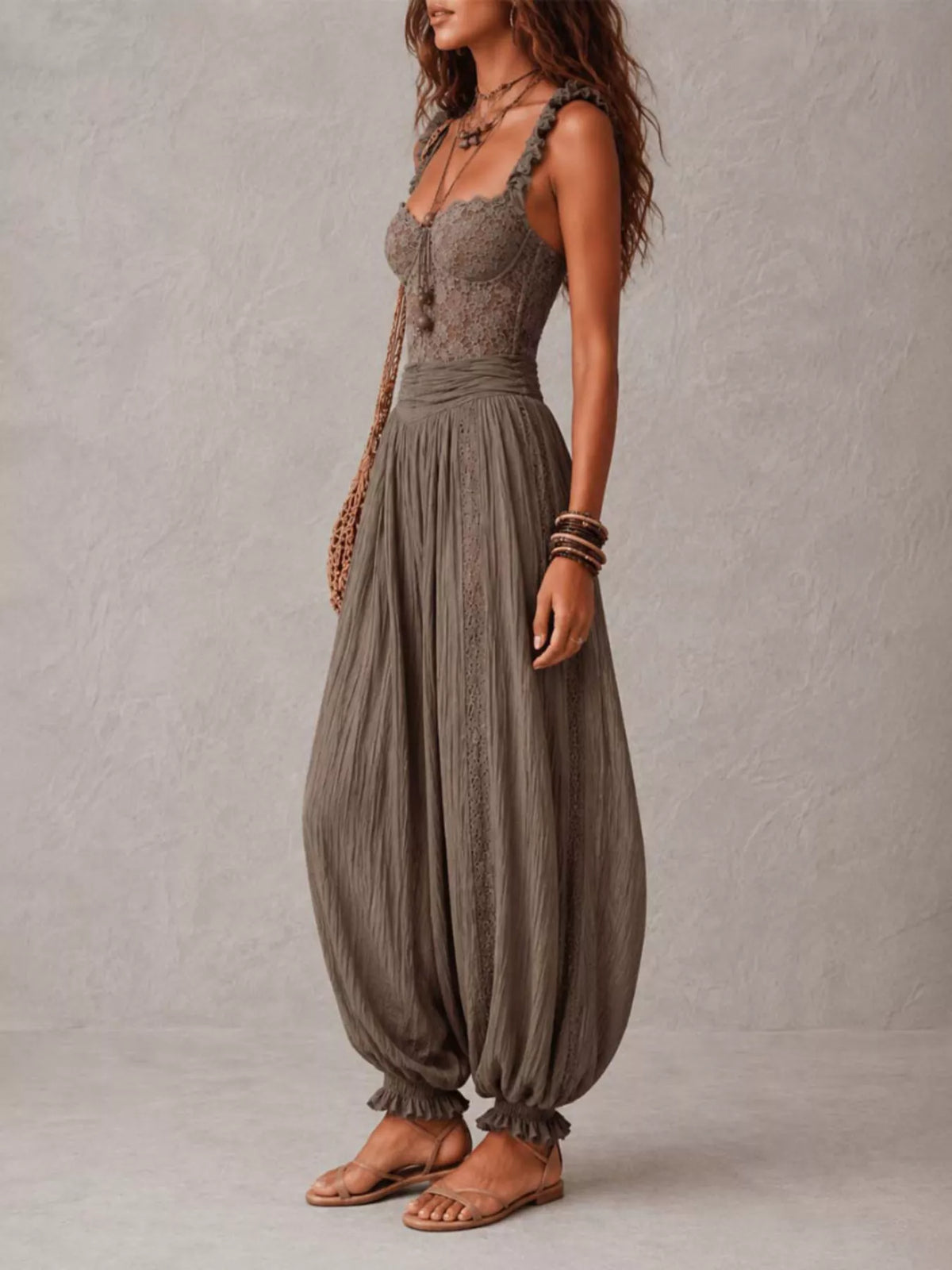 Boho Lace Corset Jumpsuit with Harem Pants
