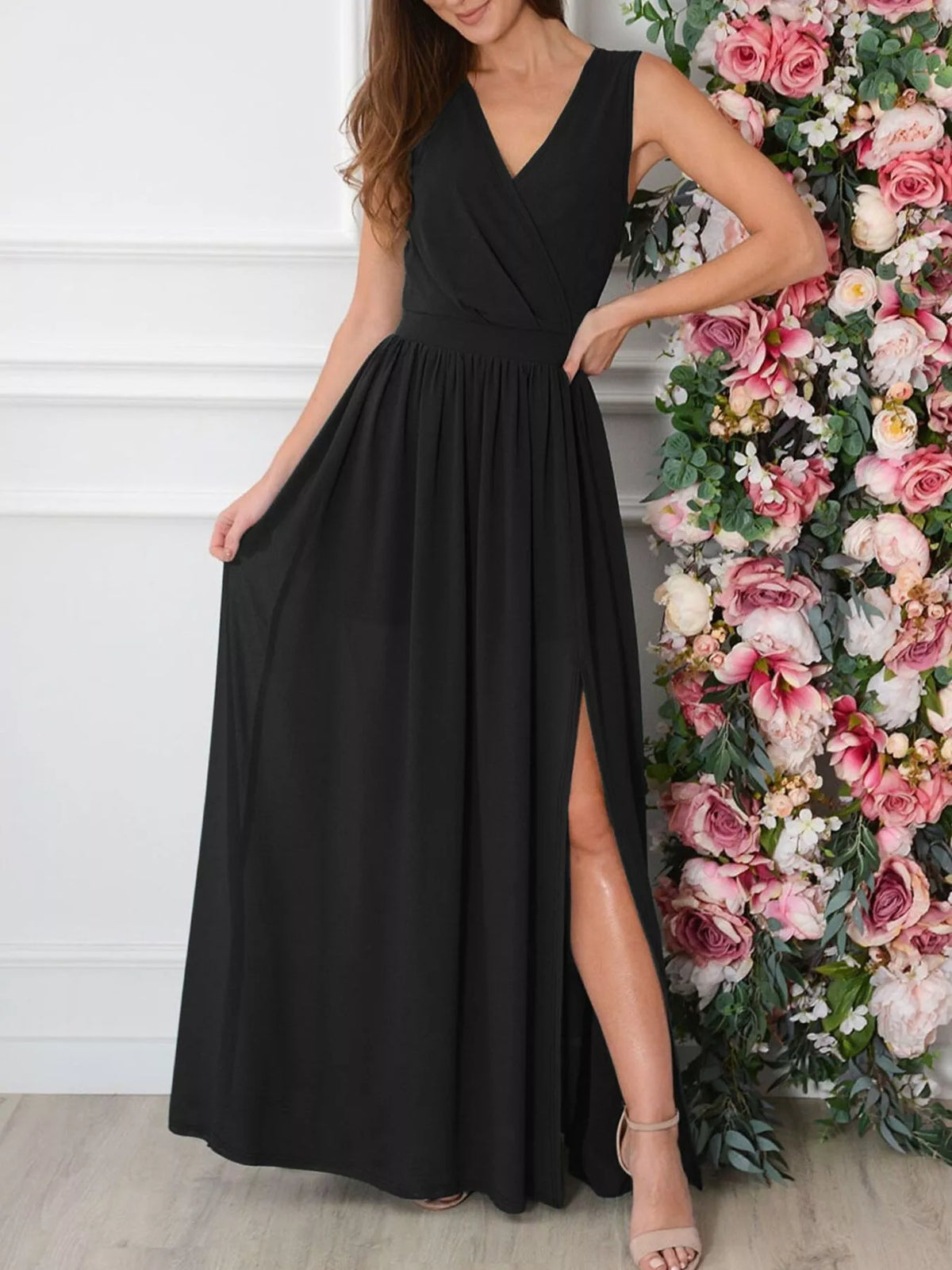 Slit Surplice Maxi Dress in Black