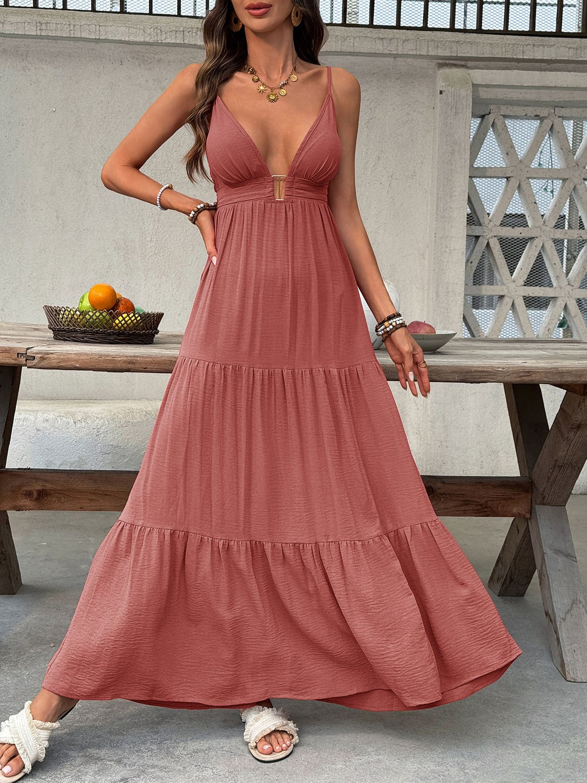 Deep V-Neck Tiered Maxi Dress in Red