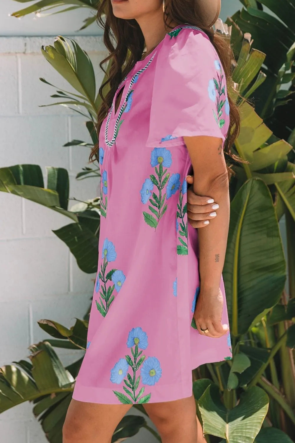Floral Notched Mini Dress with Striped Trim