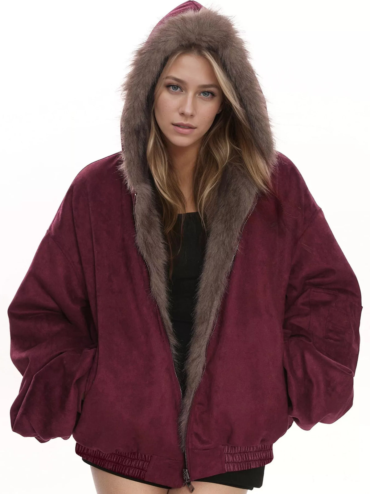 Oversized Faux Fur Trimmed Suede Bomber Jacket