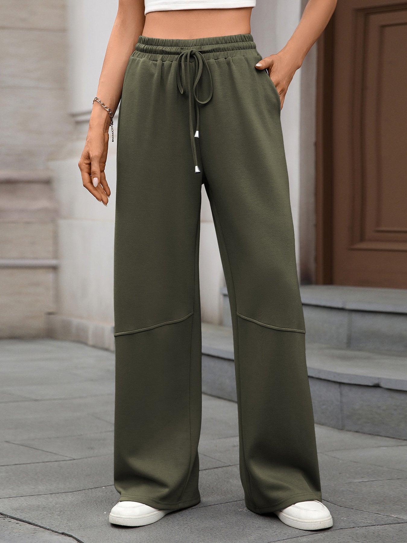 Drawstring High-Waist Wide-Leg Pants