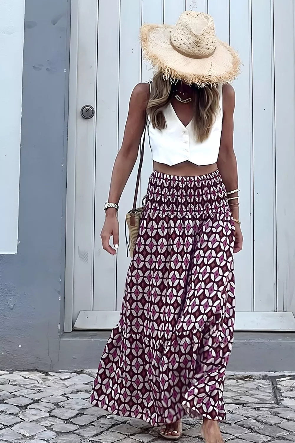 Geometric Print Smocked Waist Maxi Skirt in Mauve