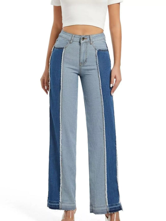 High-Waisted Two-Tone Jeans in Blue
