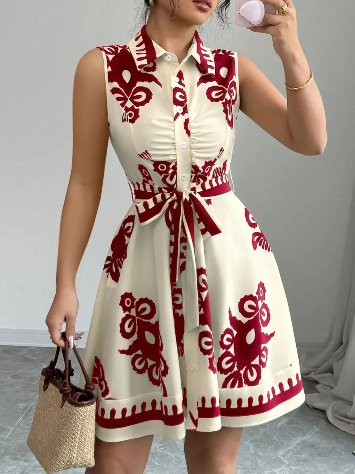 Printed Sleeveless Tie-Waist Mini Dress