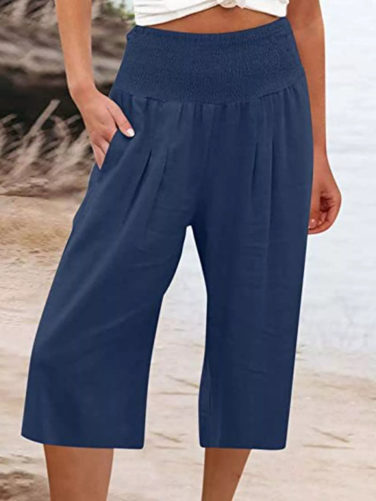 Smocked Wide-Leg Capri Pants