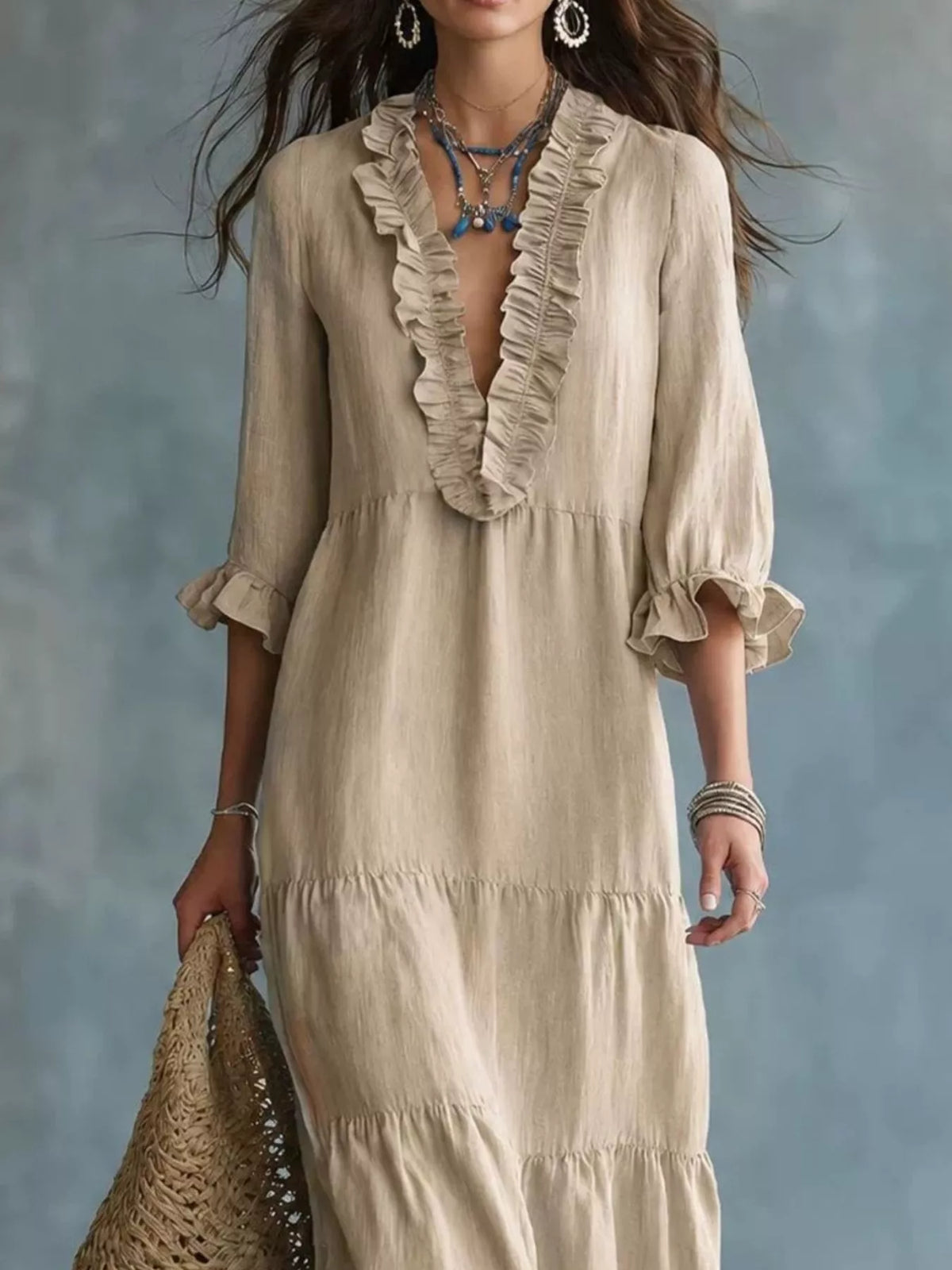 Ruffled V-Neck Tiered Maxi Dress