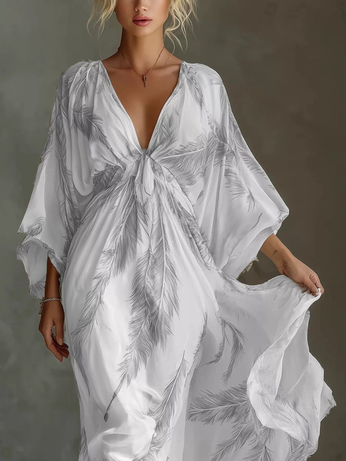 Feather Print V-Neck Flowy Maxi Dress