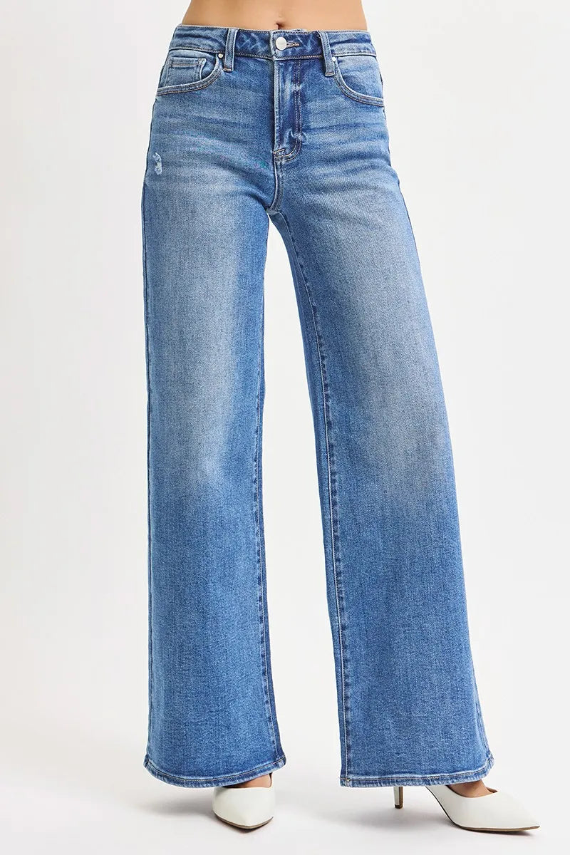 Risen High-Rise Wide Leg Jeans in Medium Wash