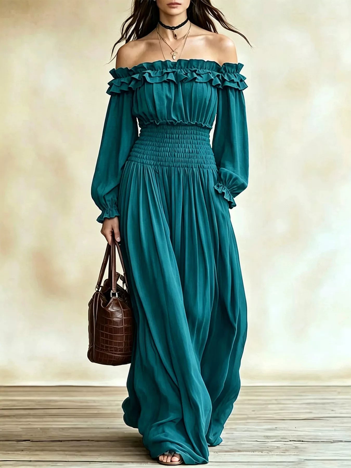 Off-Shoulder Smocked-Waist Maxi Dress