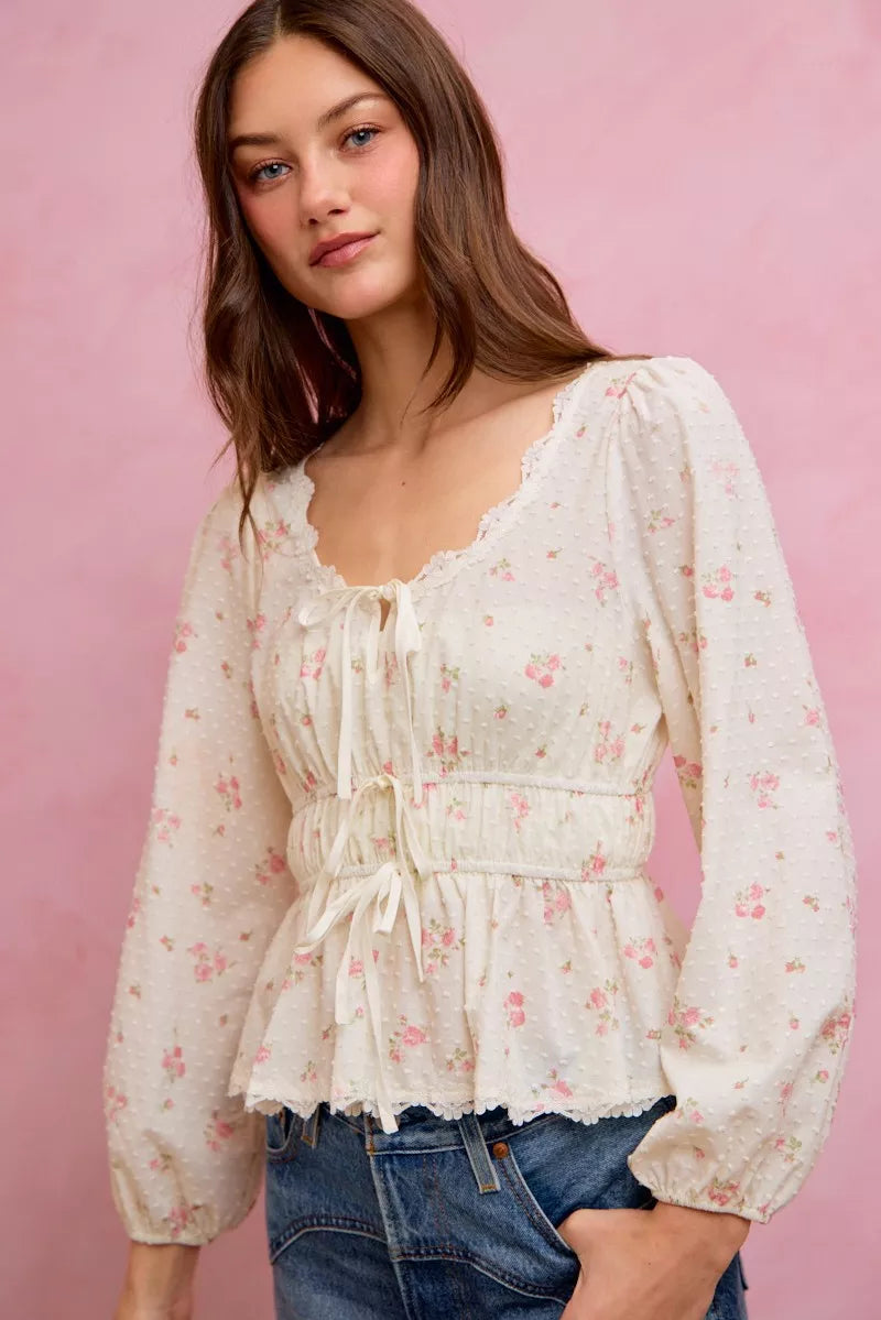 So Me Floral Clip Dot Lace Trim Blouse in White