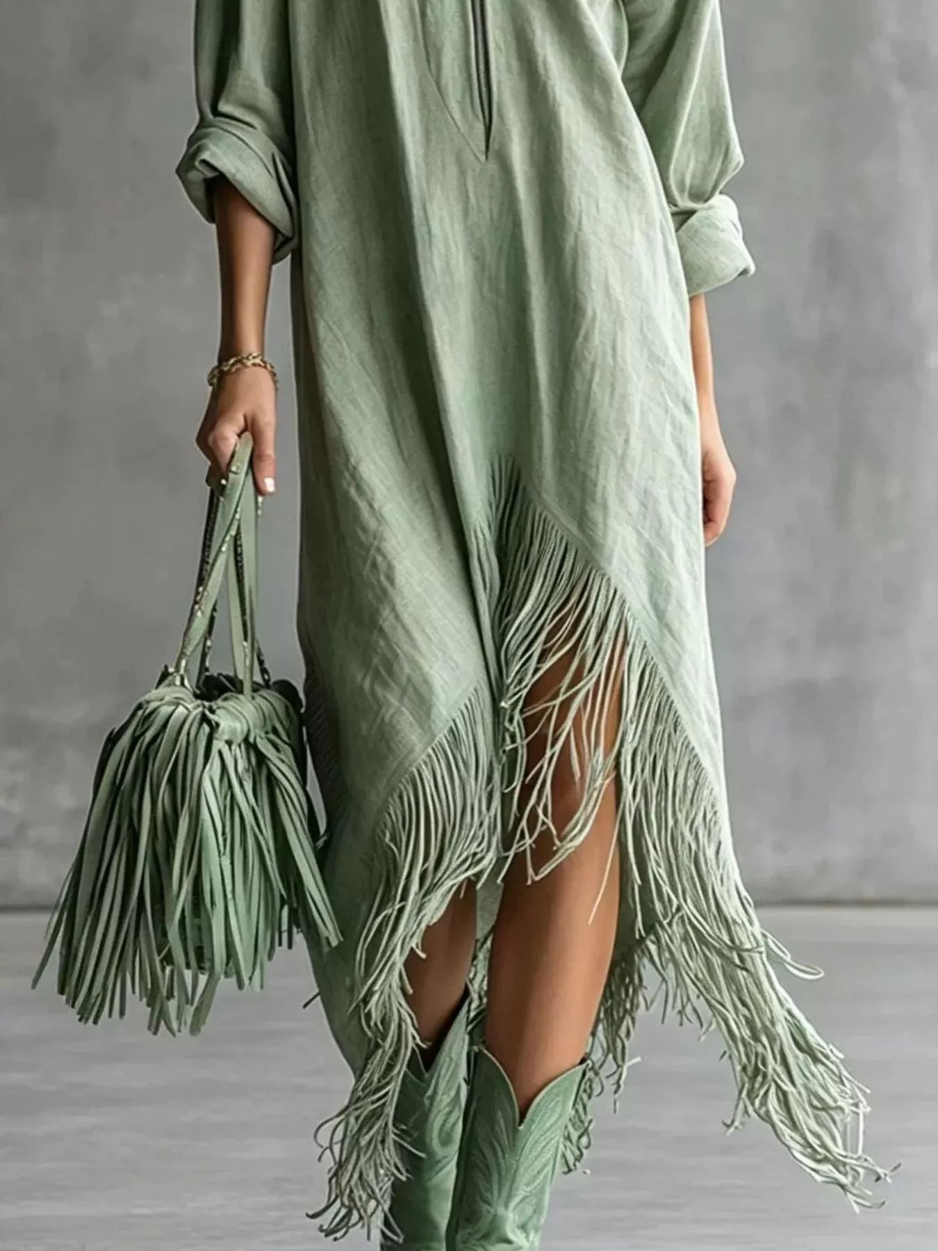 Fringe Hem Zip-Front Shirt Dress