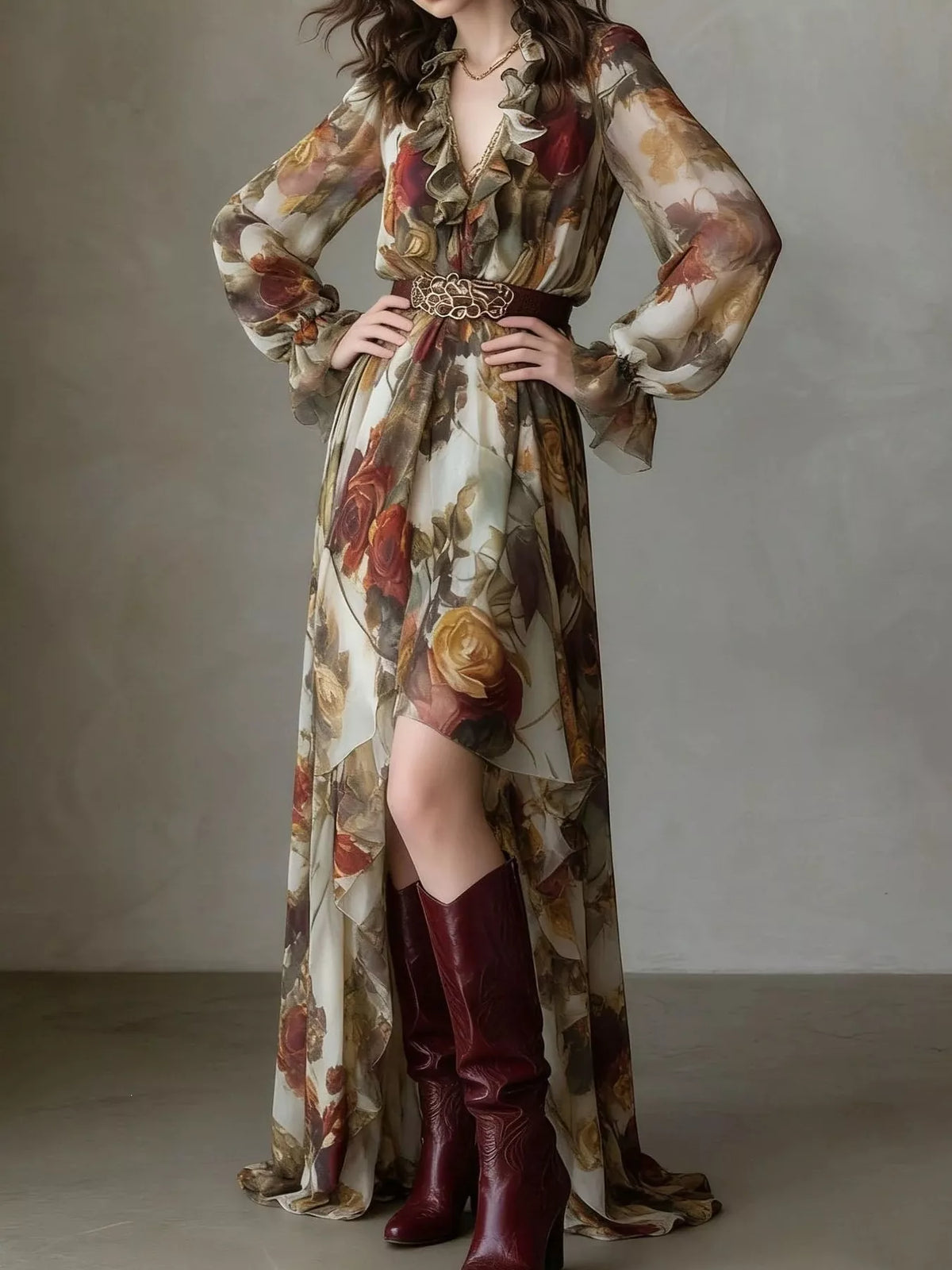 Belted Ruffle-Trim High-Low Maxi Dress in Floral