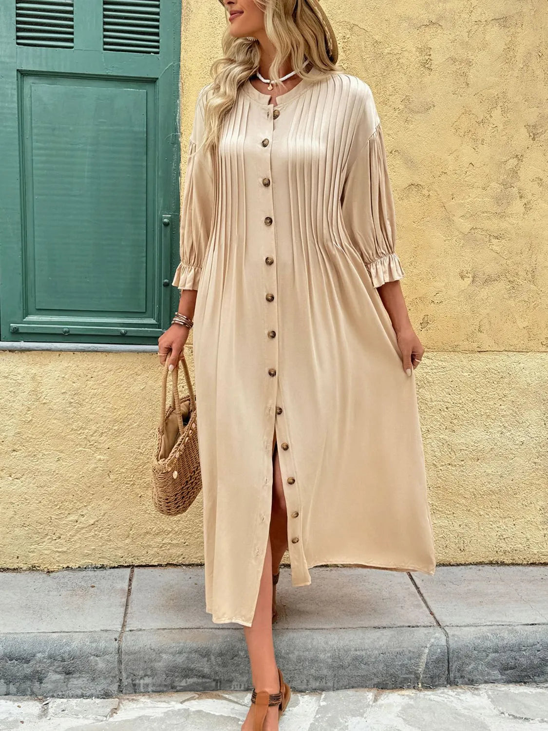 Button Front Flounce Sleeve Dress in Tan