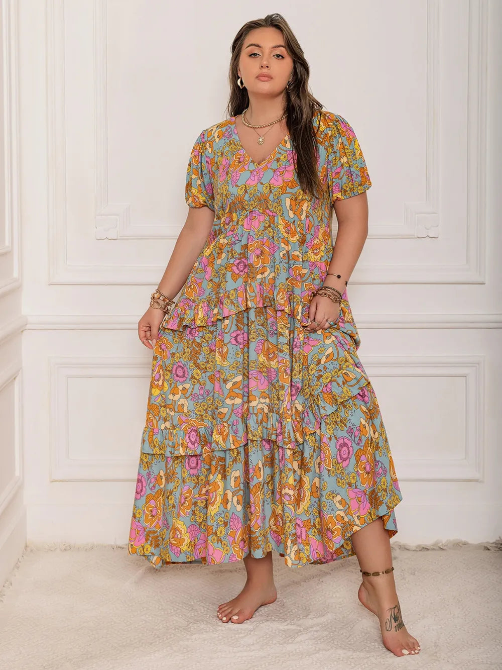 Printed V-Neck Short Sleeve Maxi Dress in Multicolor