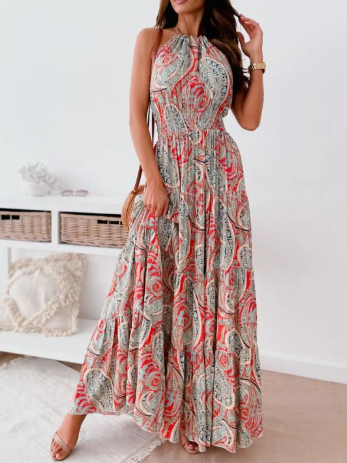 Halter Neck Tiered Maxi Dress in Red Flower