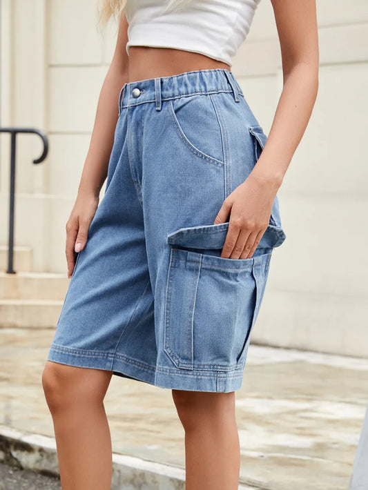 High Waist Denim Shorts with Pockets in Medium Wash by Moni Wear