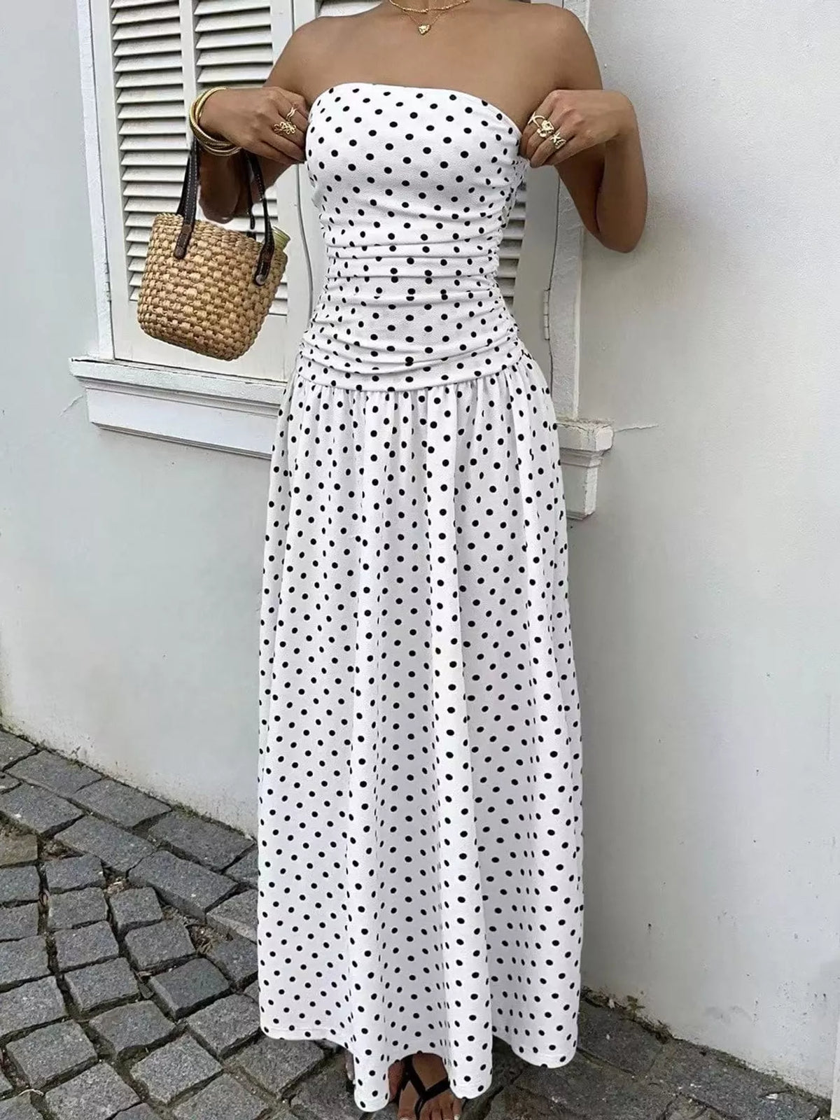 Strapless Polka Dot Ruched Maxi Dress