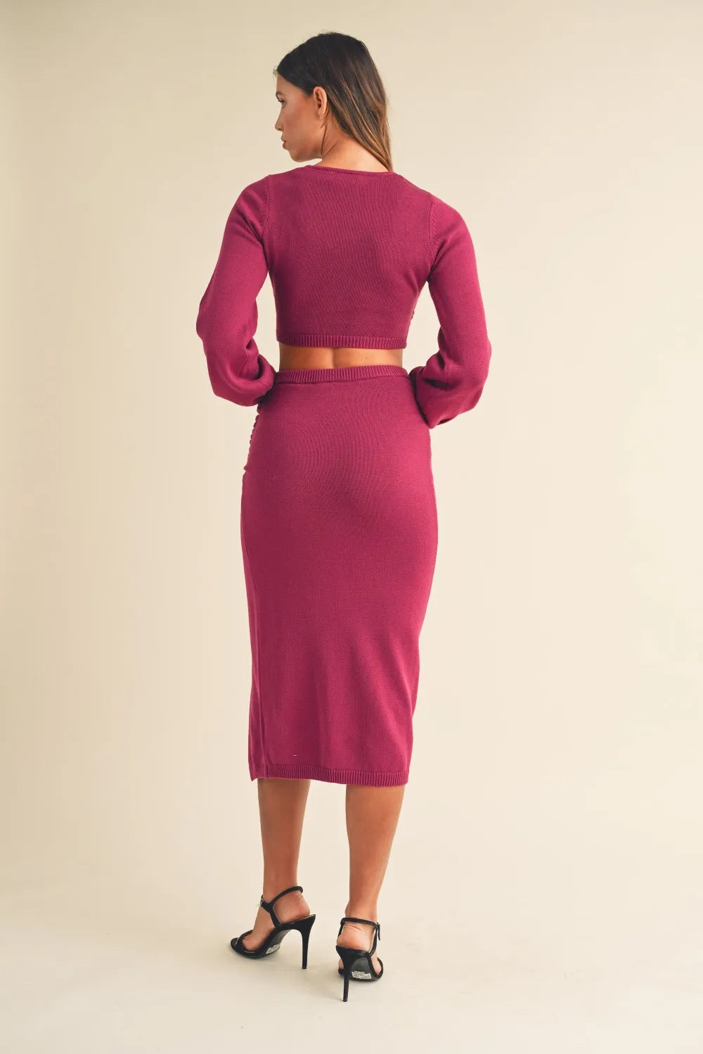 Front Twisted Knit Top & Midi Skirt Set in Magenta