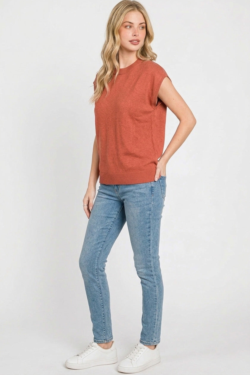 Zenana Round Neck Short Sleeve Sweater in Rust