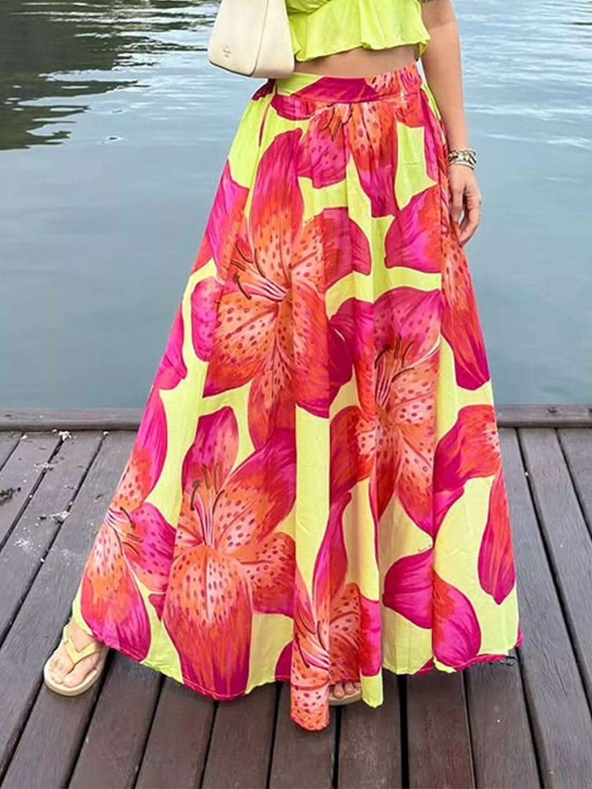 Flowy Floral Maxi Skirt in Orange