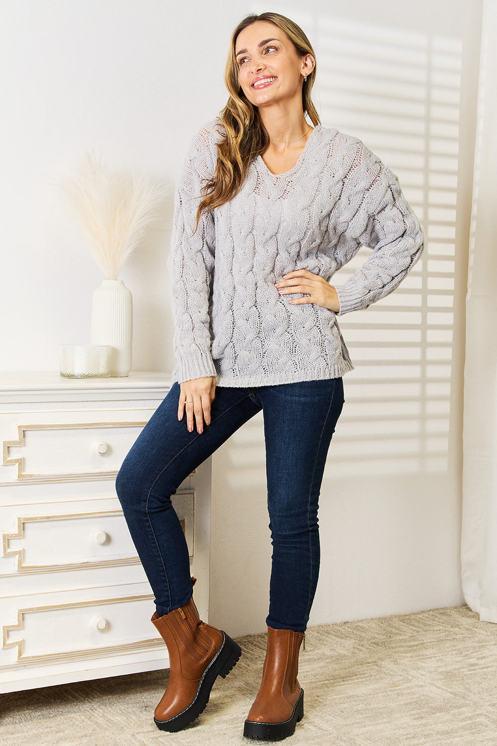 Cable-Knit Hooded Sweater in Light Gray