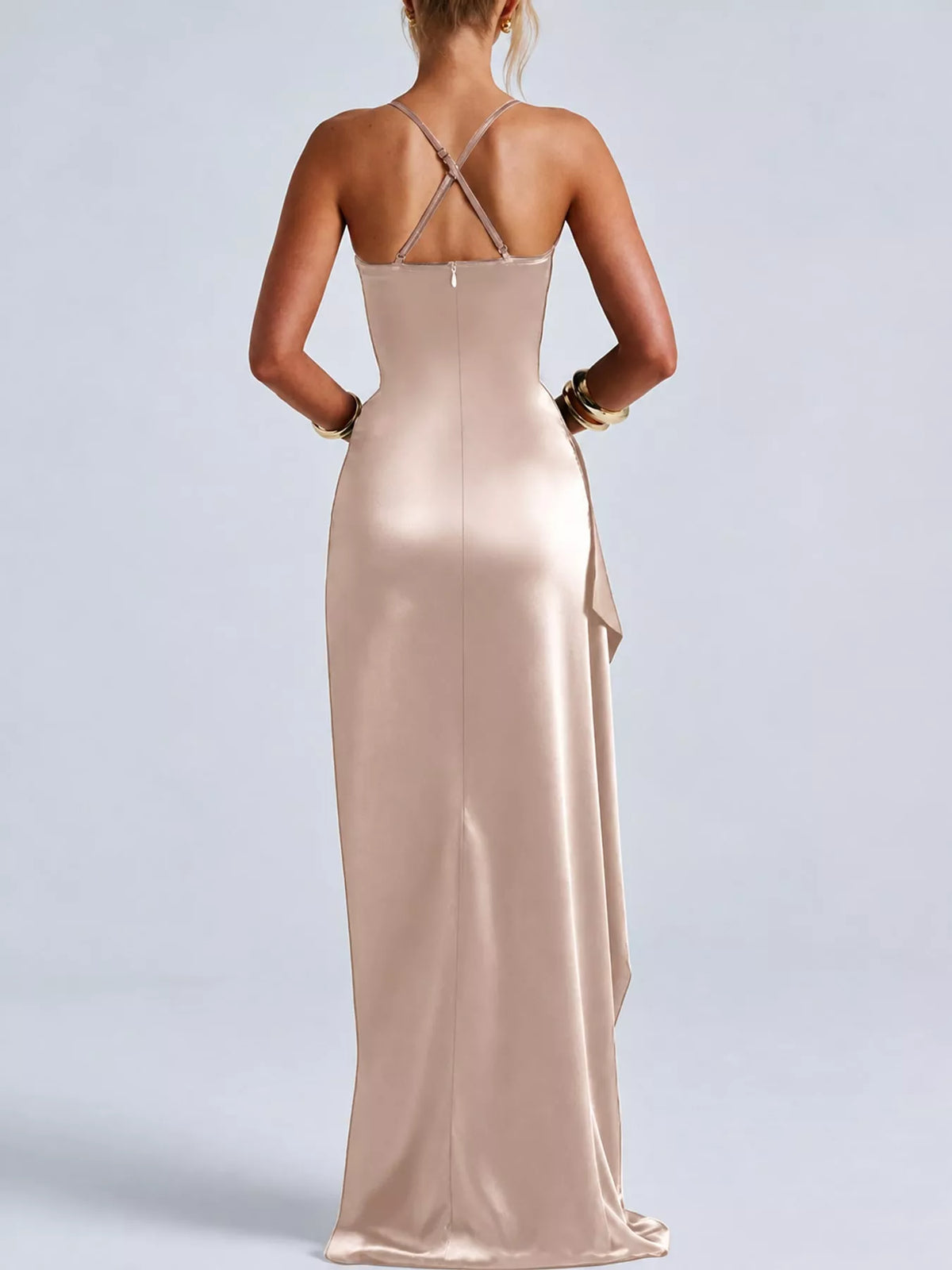 Satin Ruched High-Slit Maxi Dress