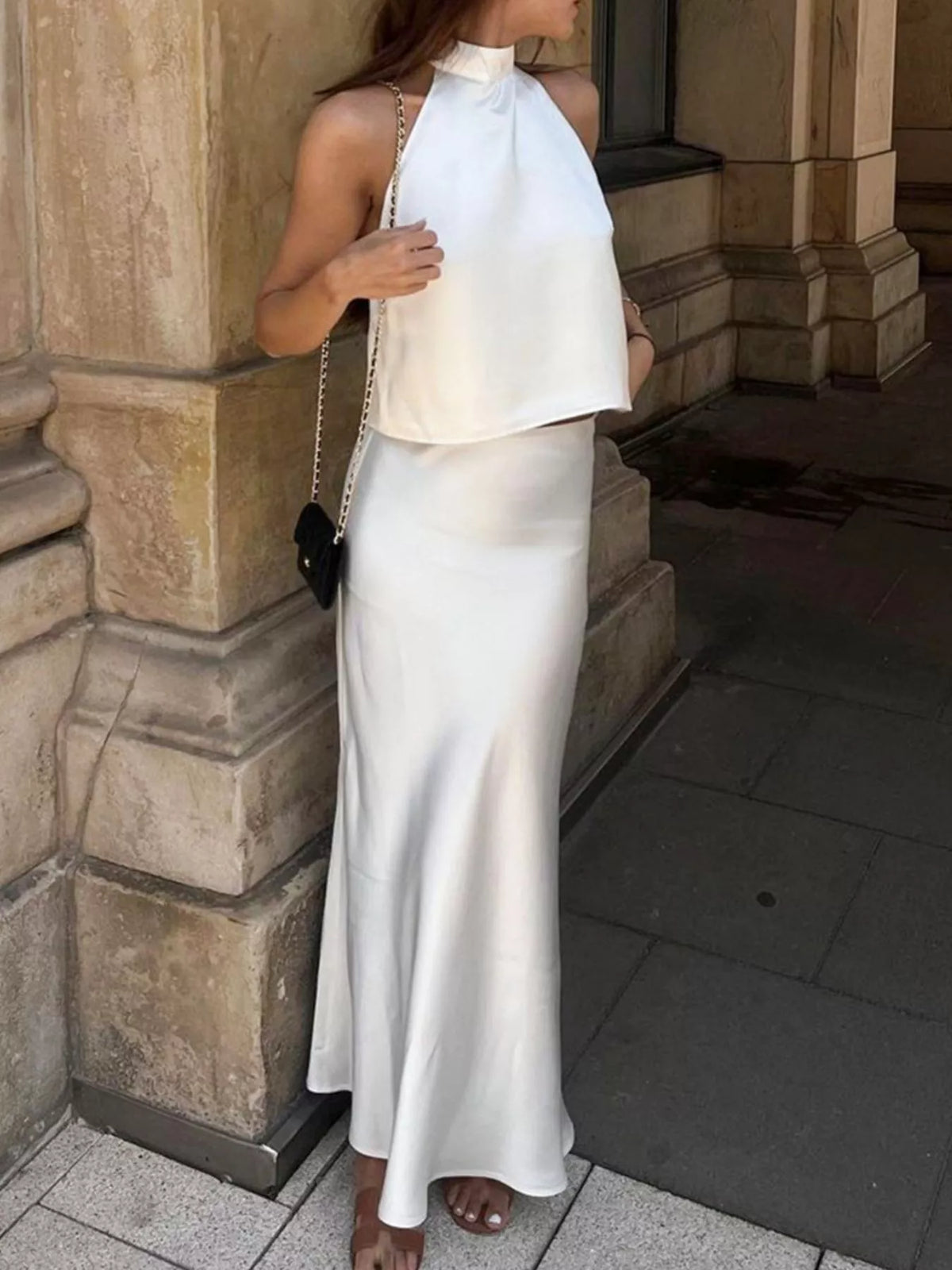 Satin Halter Two-Piece Skirt Set in White