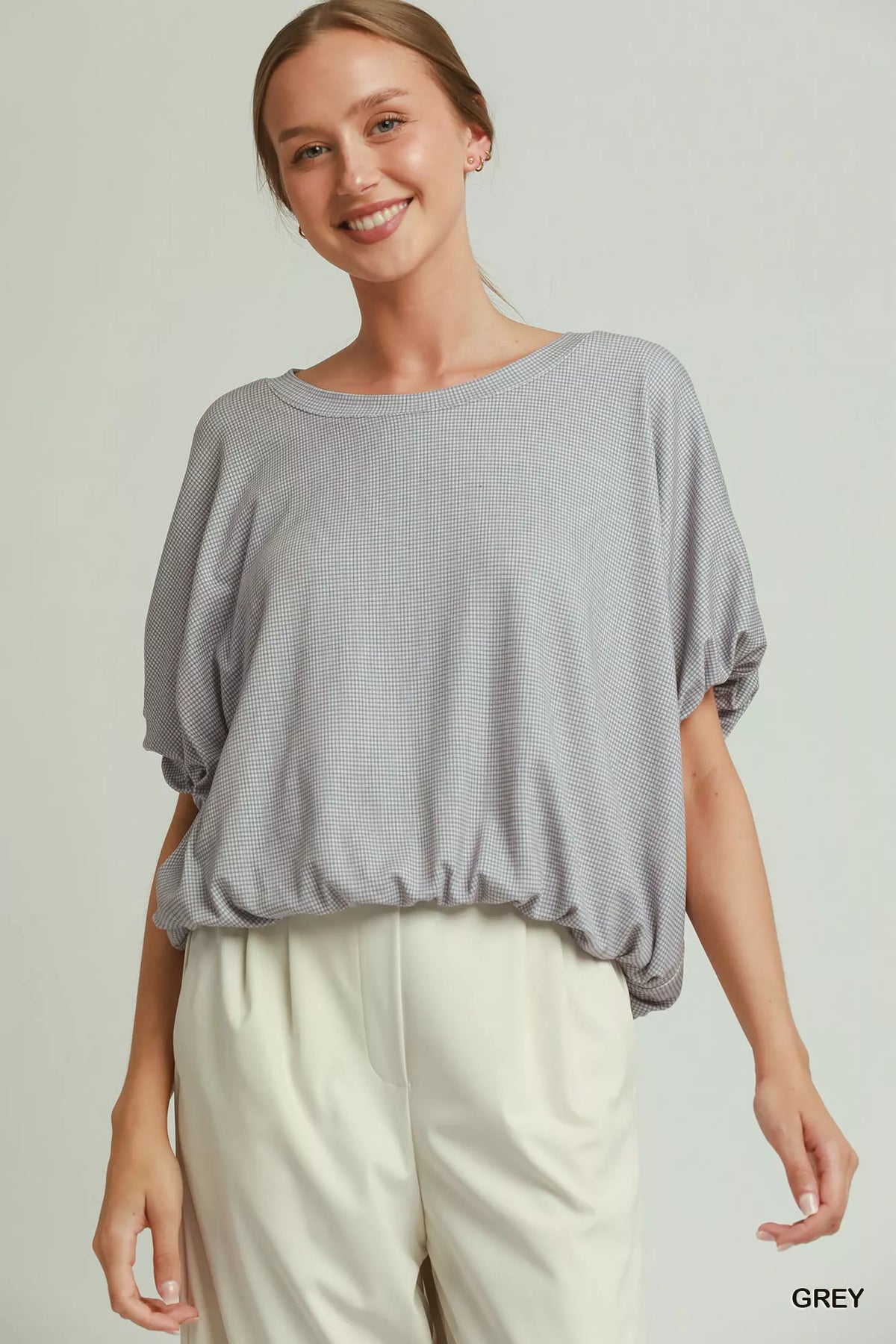 Umgee Checkered Bubble Hem Top in Grey