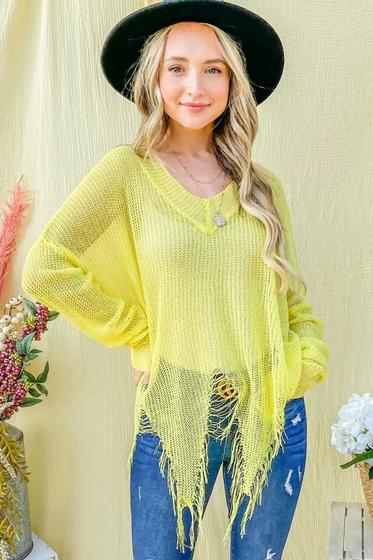 And The Why Distressed Mesh V-Neck Cover-Up in Yellow