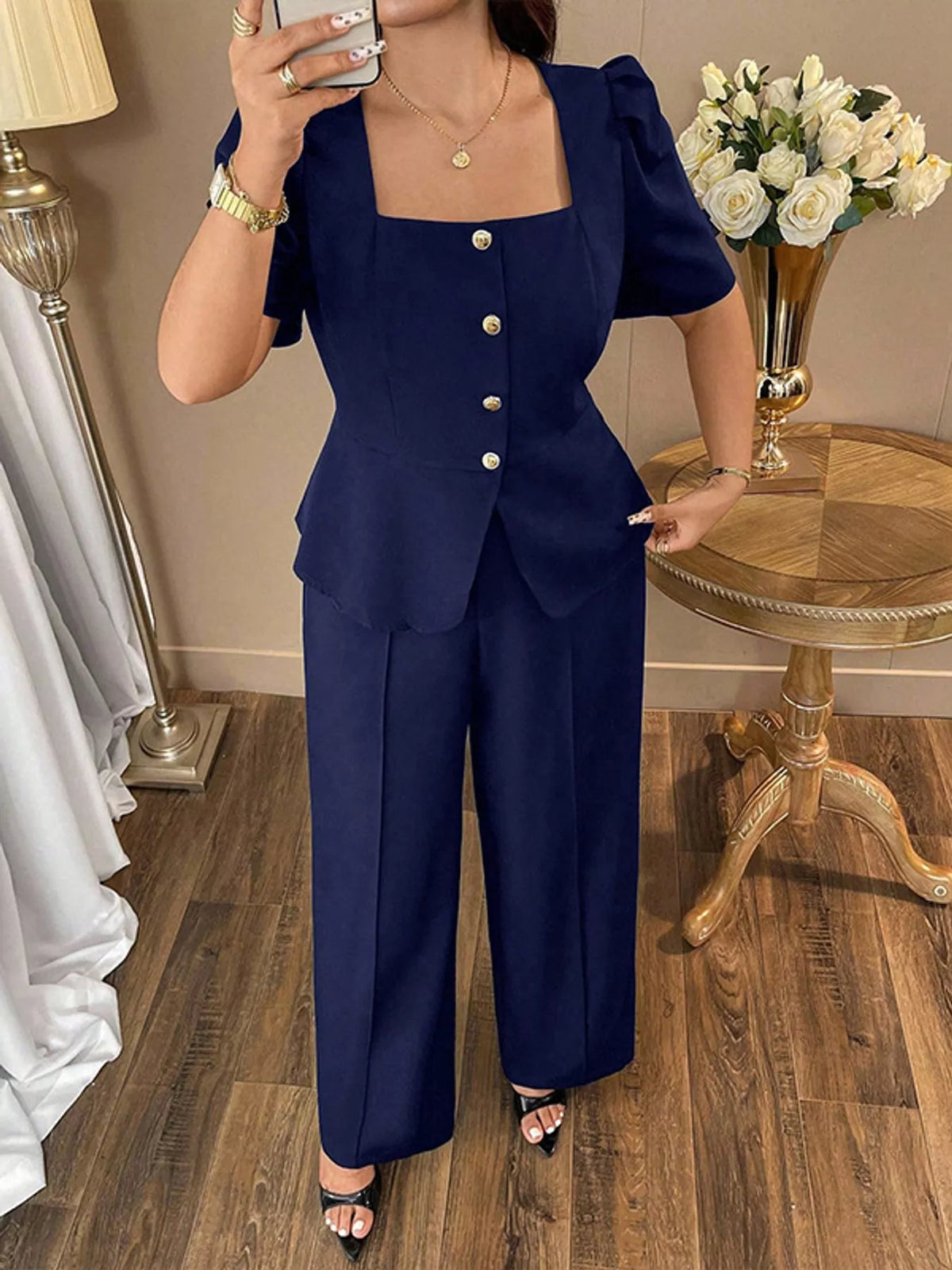 Peplum Top and Wide-Leg Pants Two-Piece Set