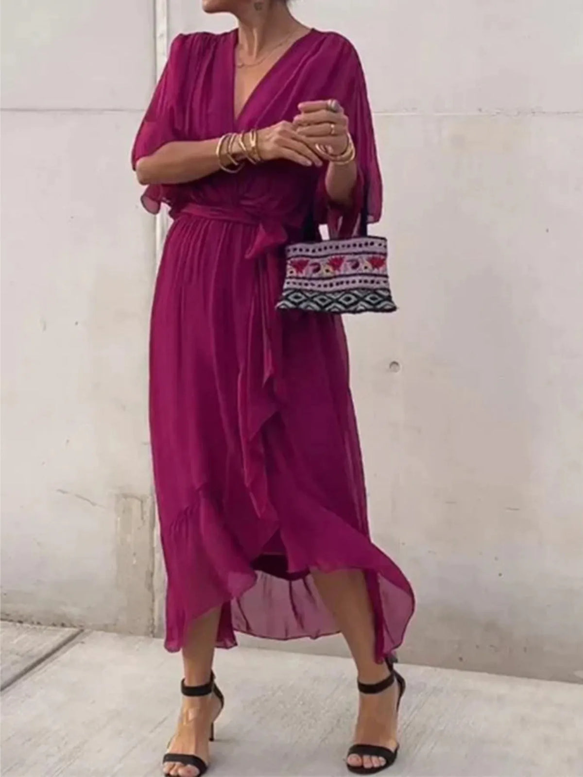 Flowy Tie-Front Midi Dress with Flutter Sleeves