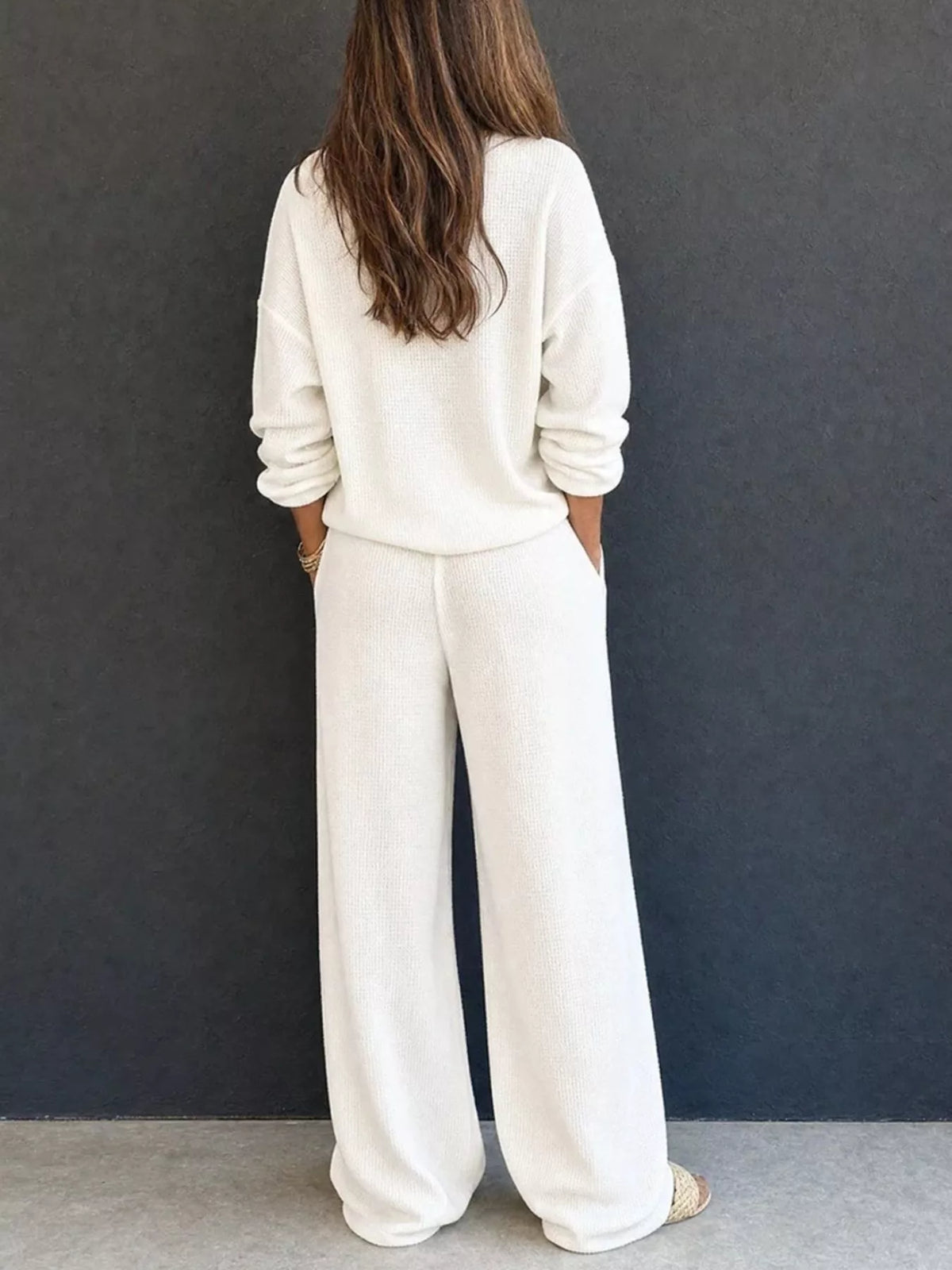 Waffle-Knit Button Detail Top and Pants Set