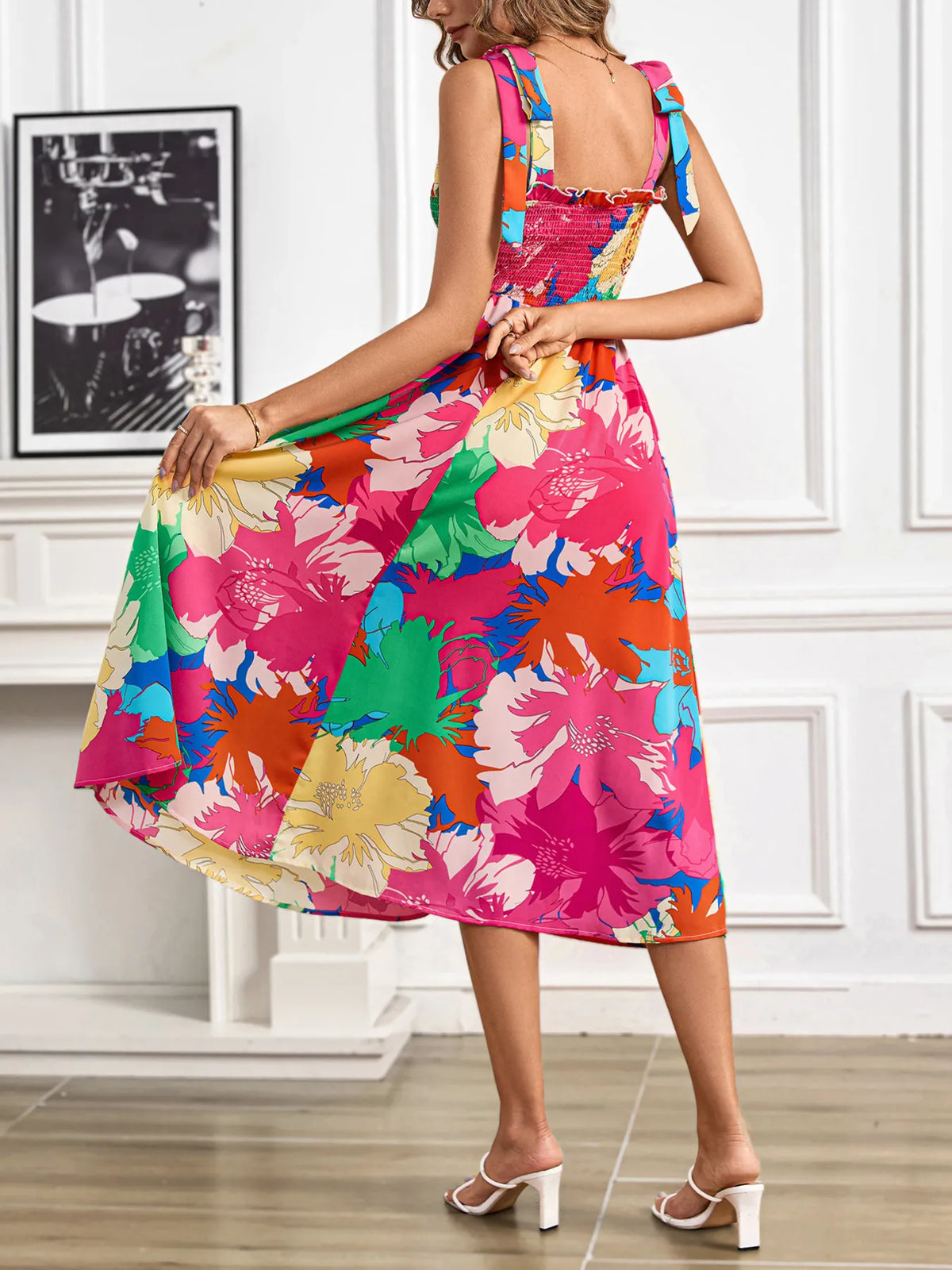 Smocked Tie-Shoulder Midi Dress in Hot Pink
