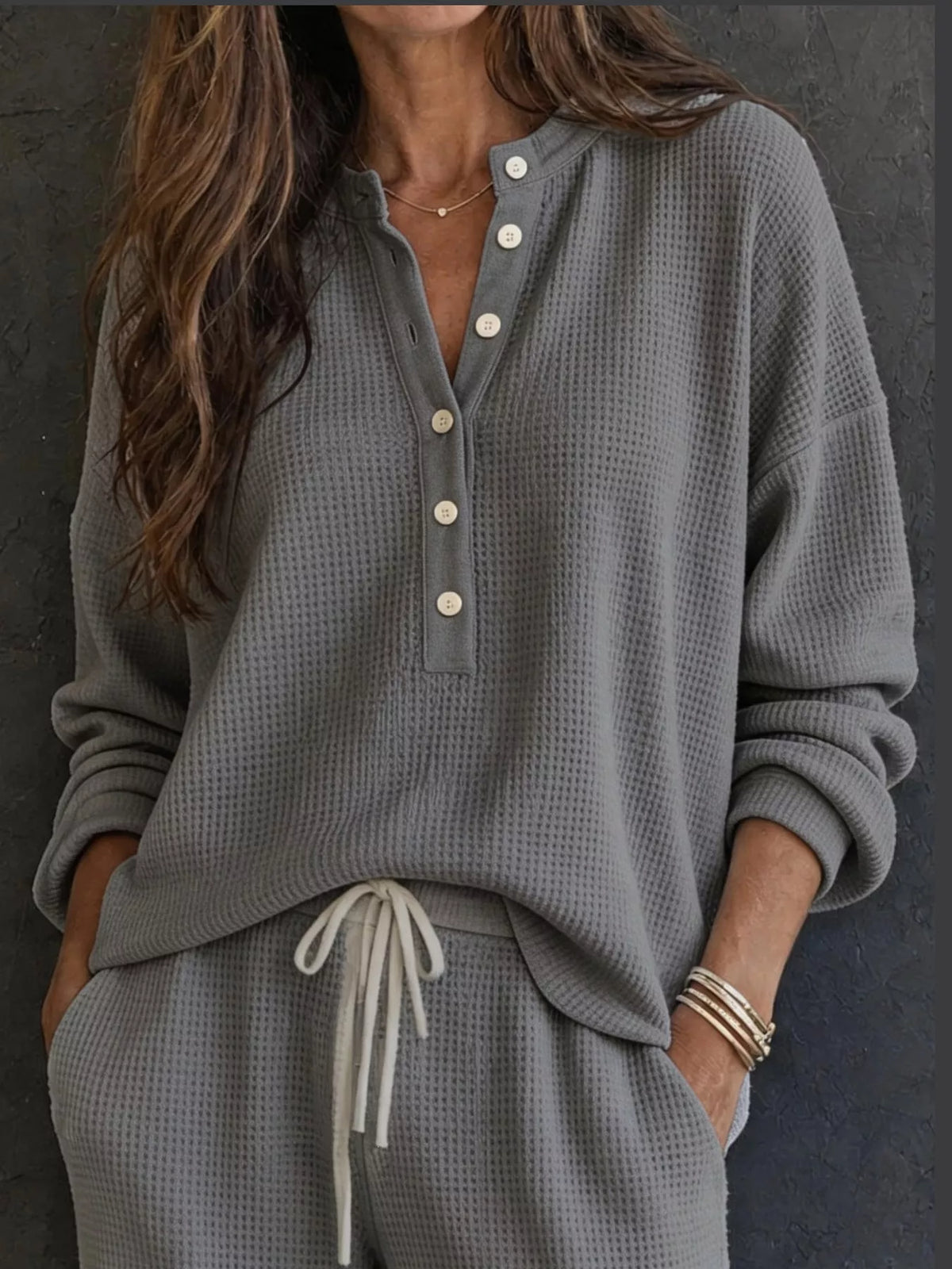 Waffle Knit Button Detail Top and Pants Set