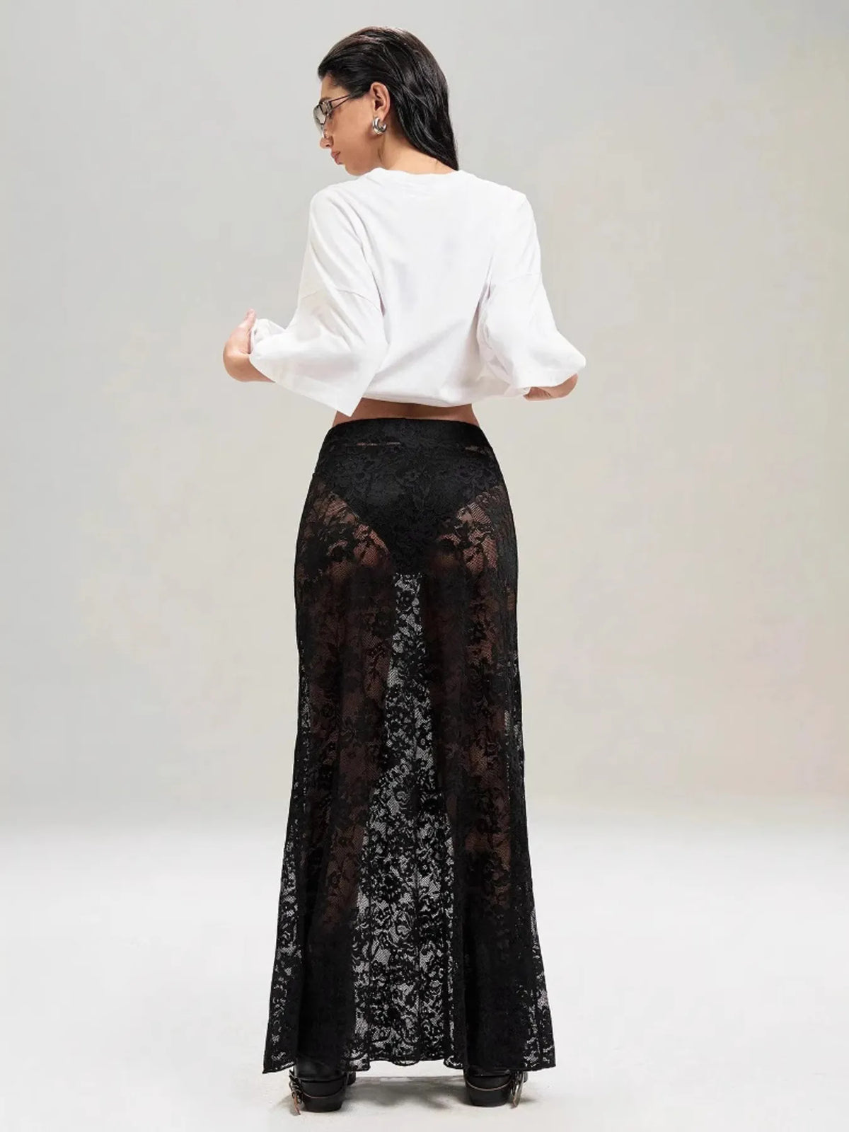 Sheer Lace Maxi Skirt in Black
