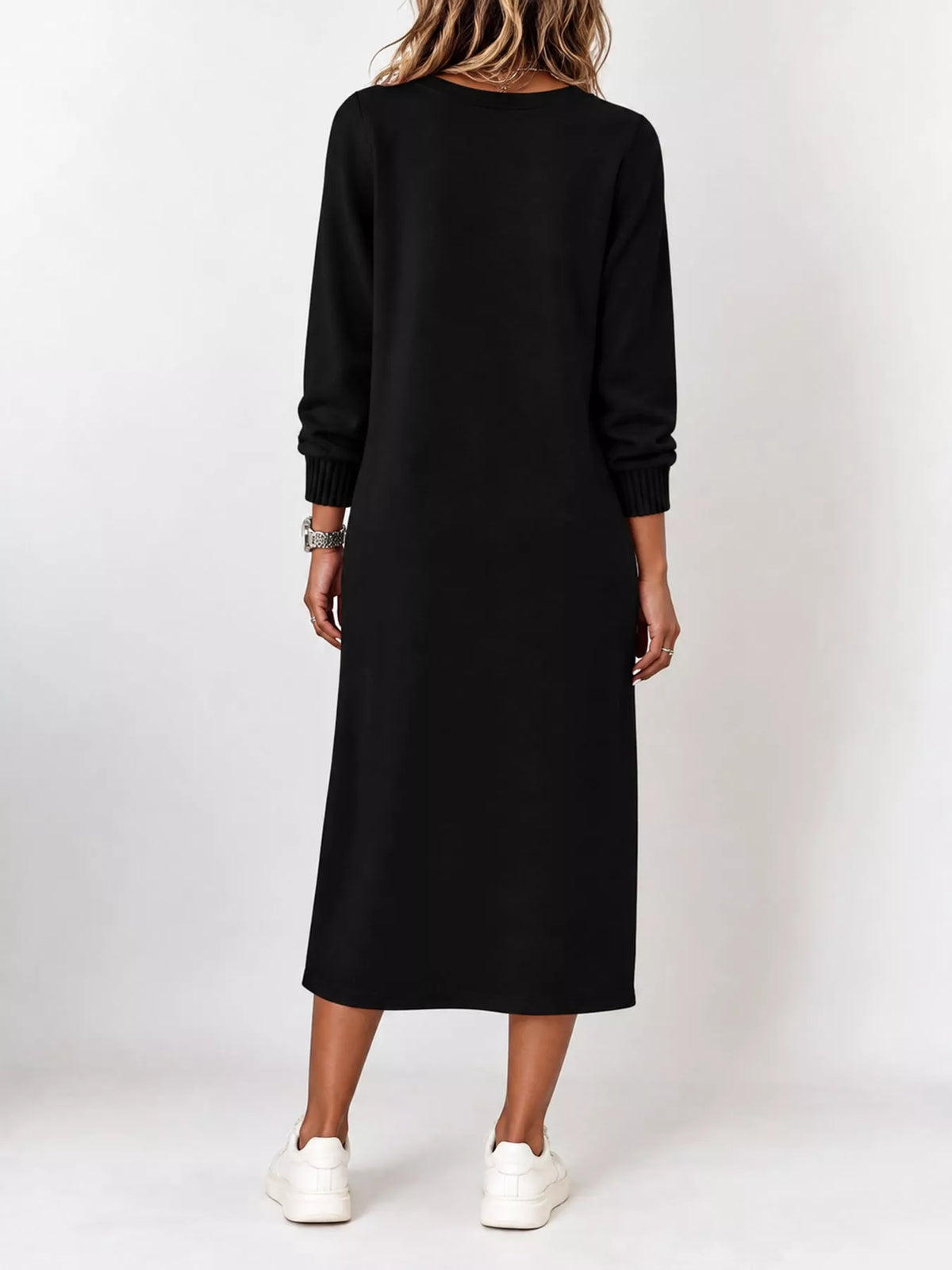 V-Neck Long Sleeve Midi Dress