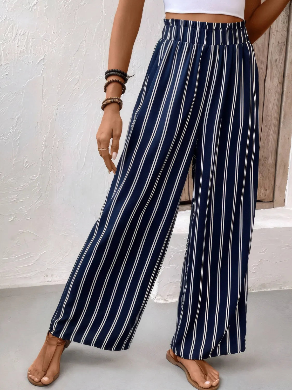 Striped Wide Leg Pants in Dark Navy