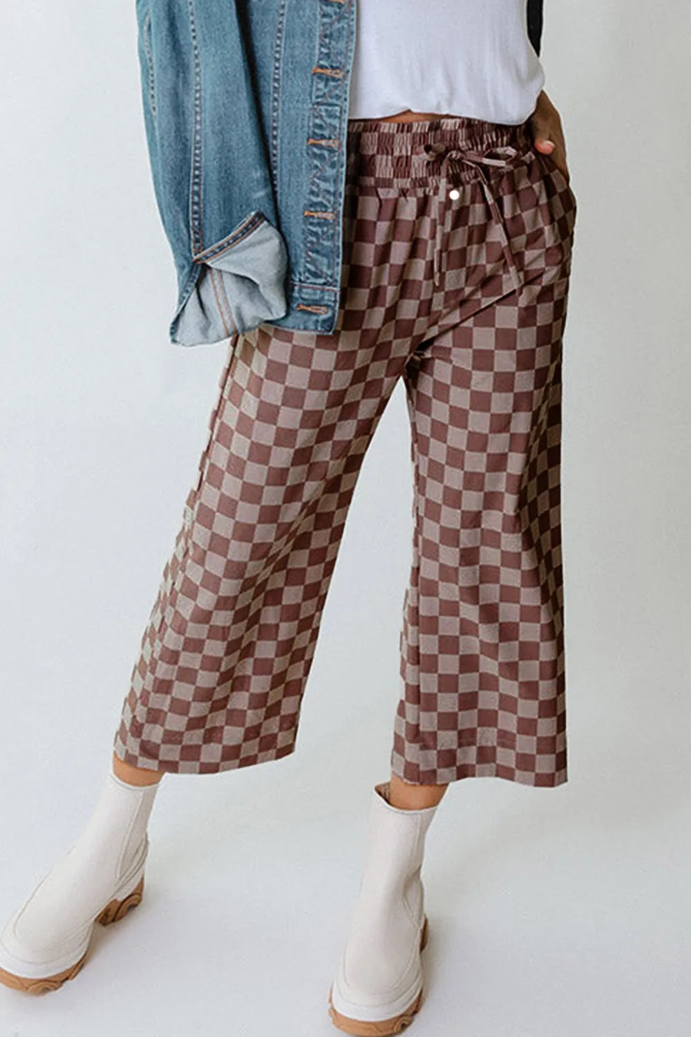Checkered High-Waist Pants with Drawstring