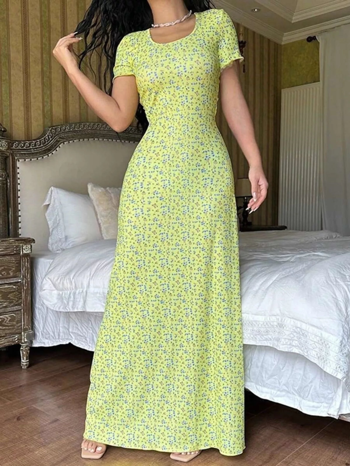 Floral Print Short Sleeve Maxi Dress
