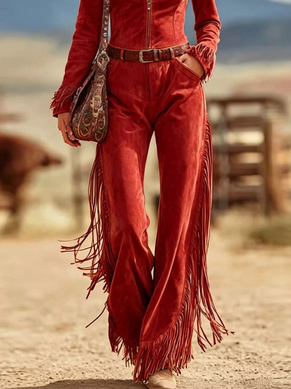 Western Fringe Jumpsuit with Zipper Front