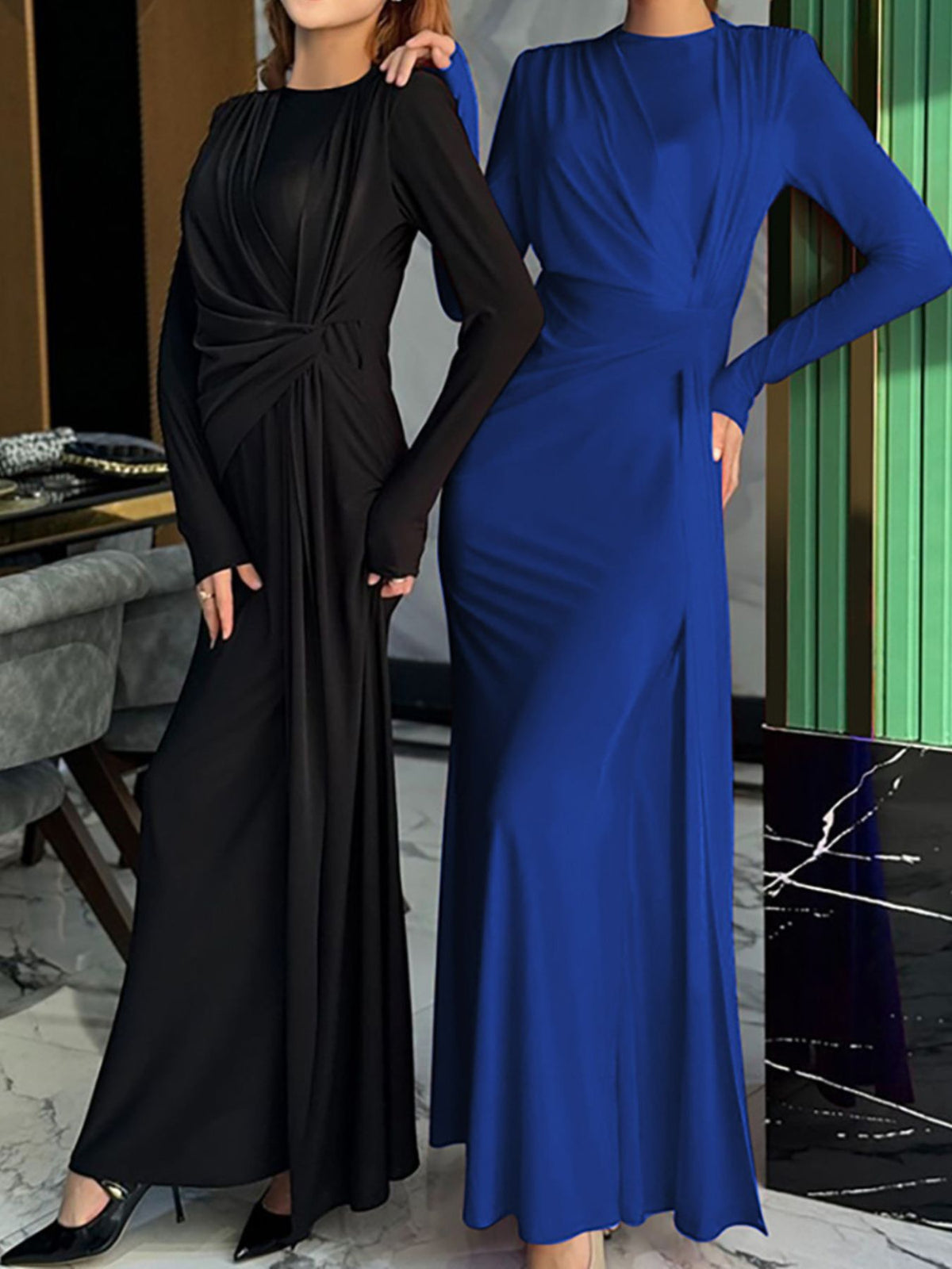 Ruched Knot-Front Long Sleeve Maxi Dress
