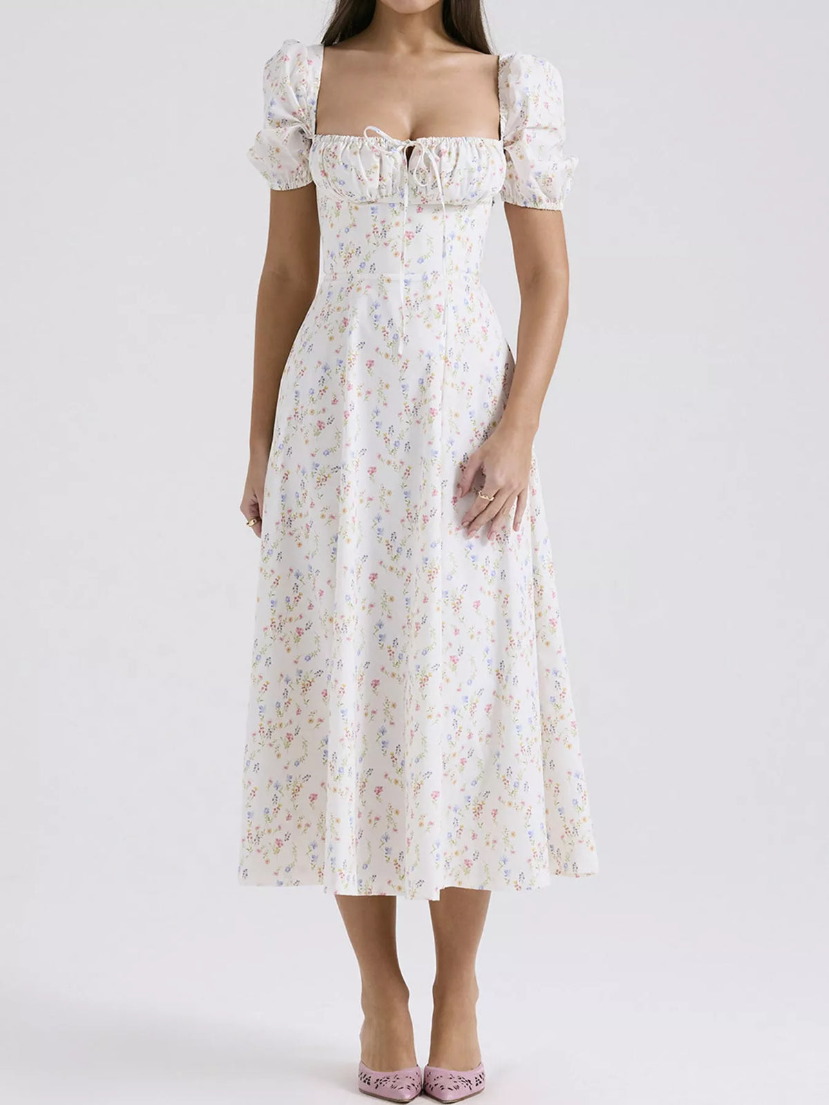 Floral Spaghetti Strap Midi Dress in White