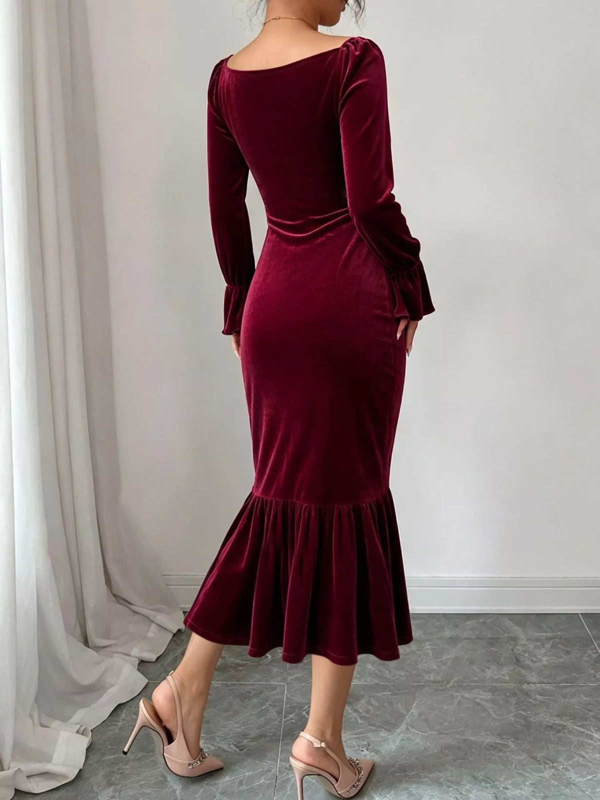 Velvet Ruched Ruffle Hem Midi Dress in Burgundy
