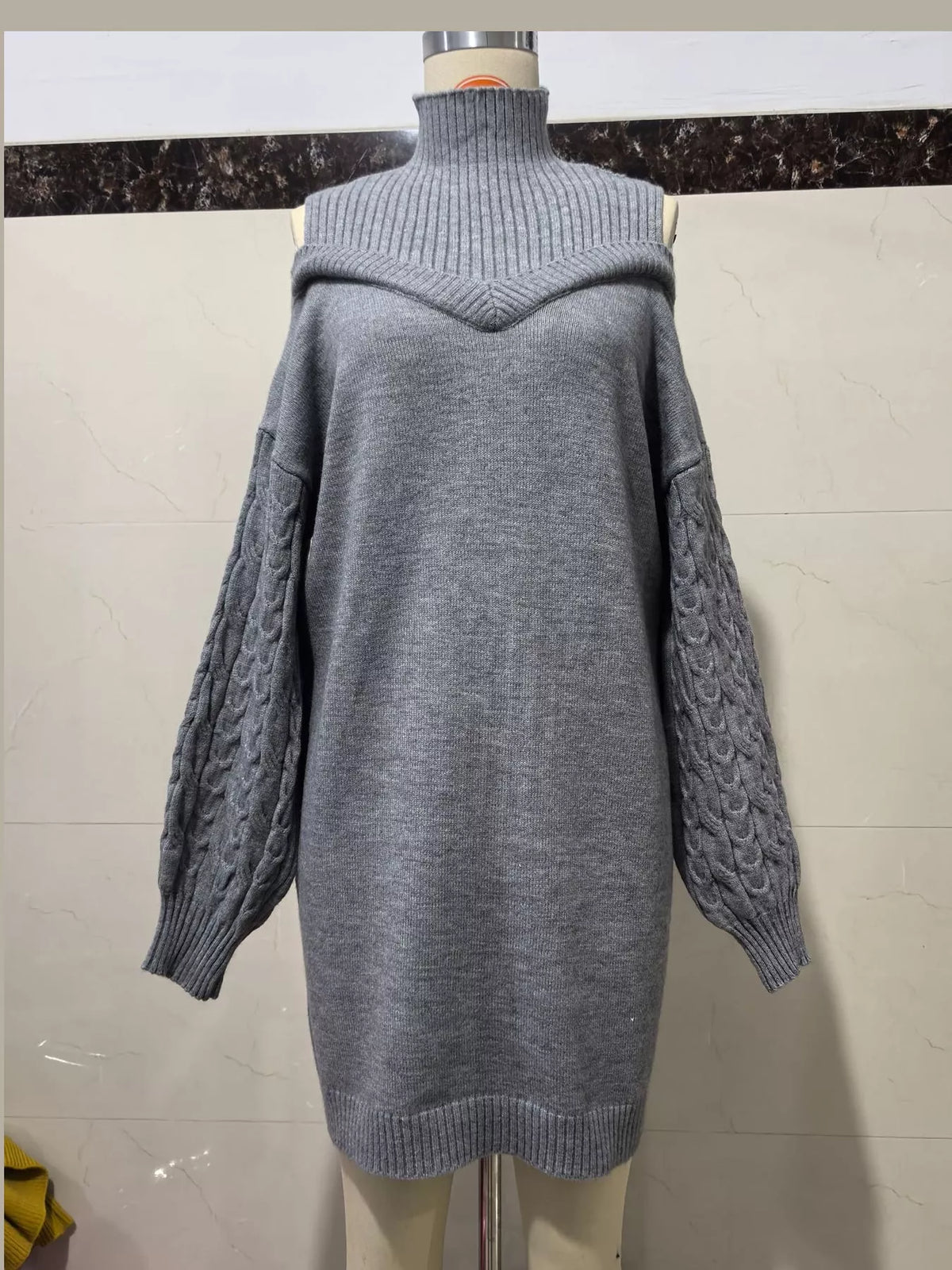 Cable-Knit Cold-Shoulder Mock-Neck Sweater Dress