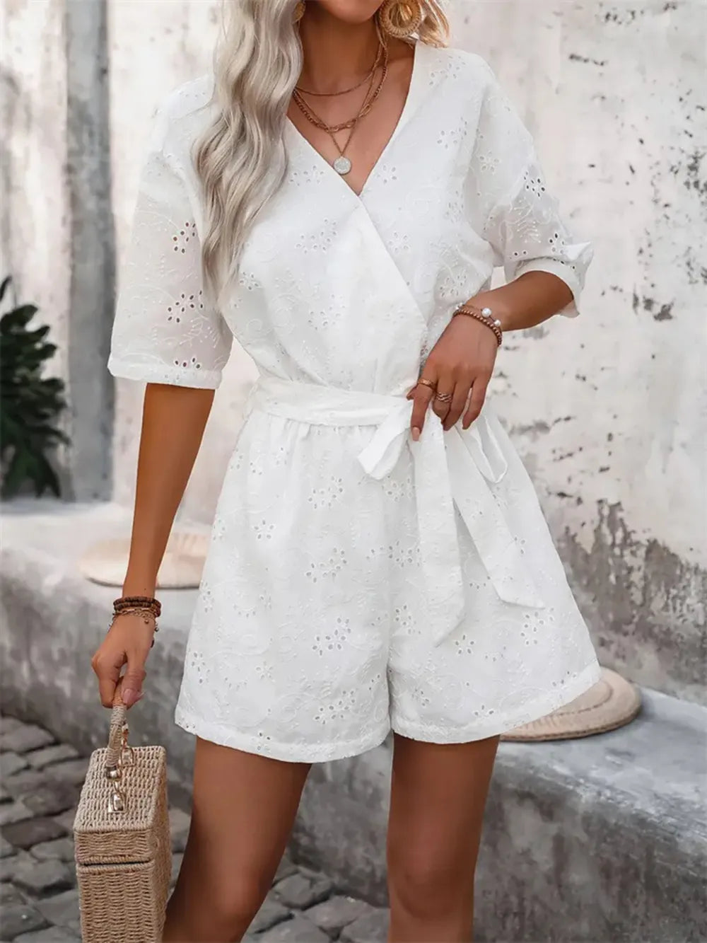 Tied Front Eyelet Romper in White