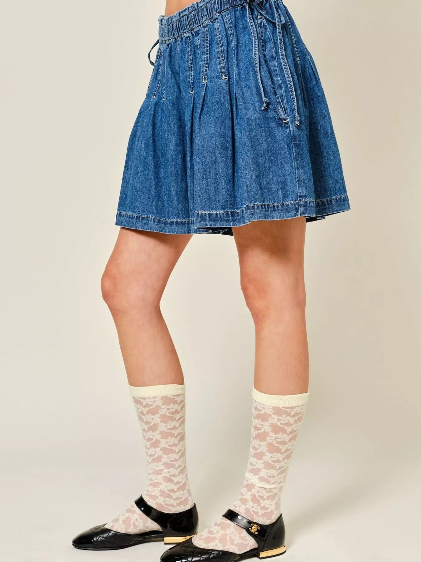 Pleated Elastic-Waist Denim Shorts