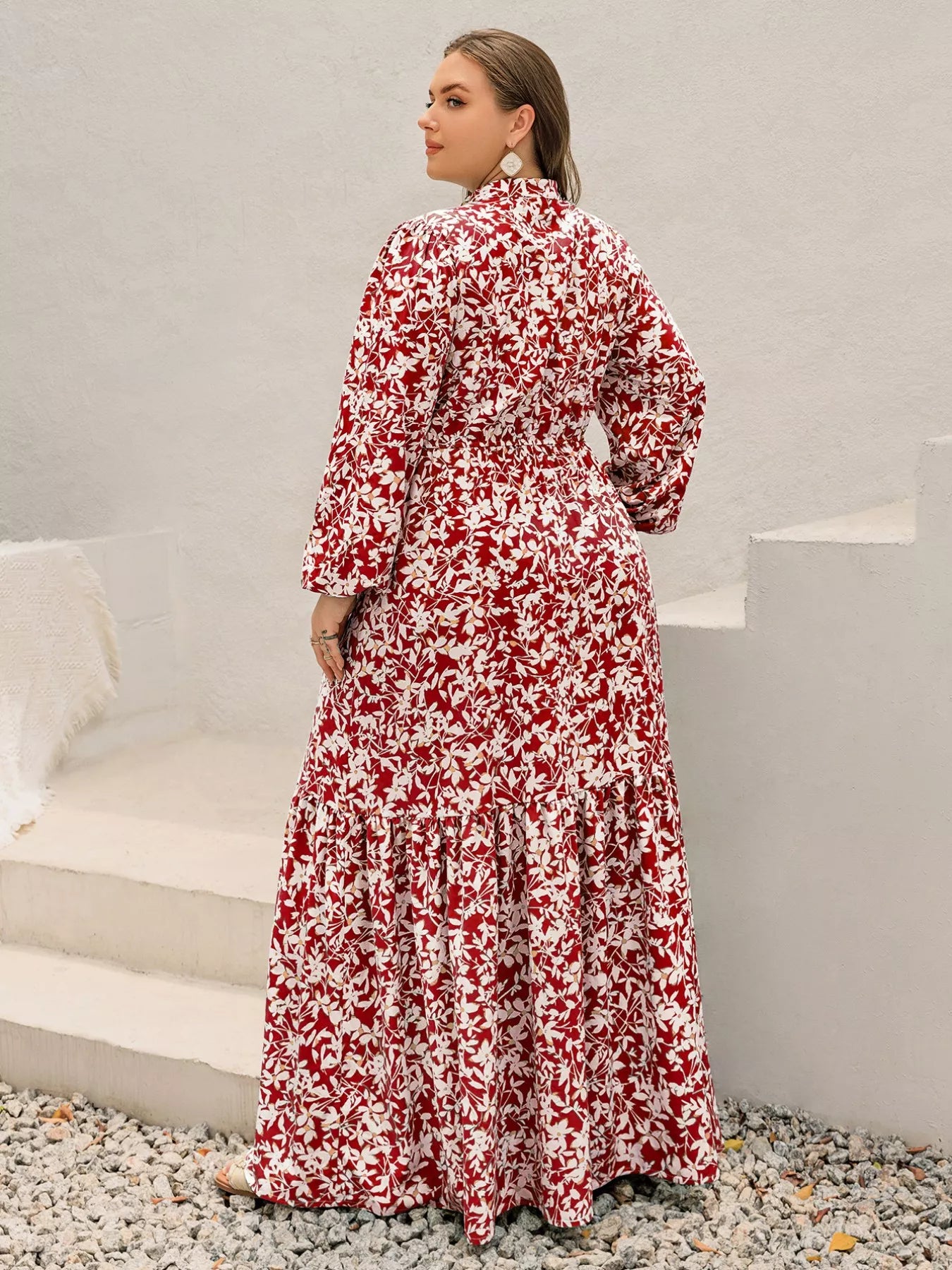 Floral Print Long Sleeve Maxi Dress in Deep Red